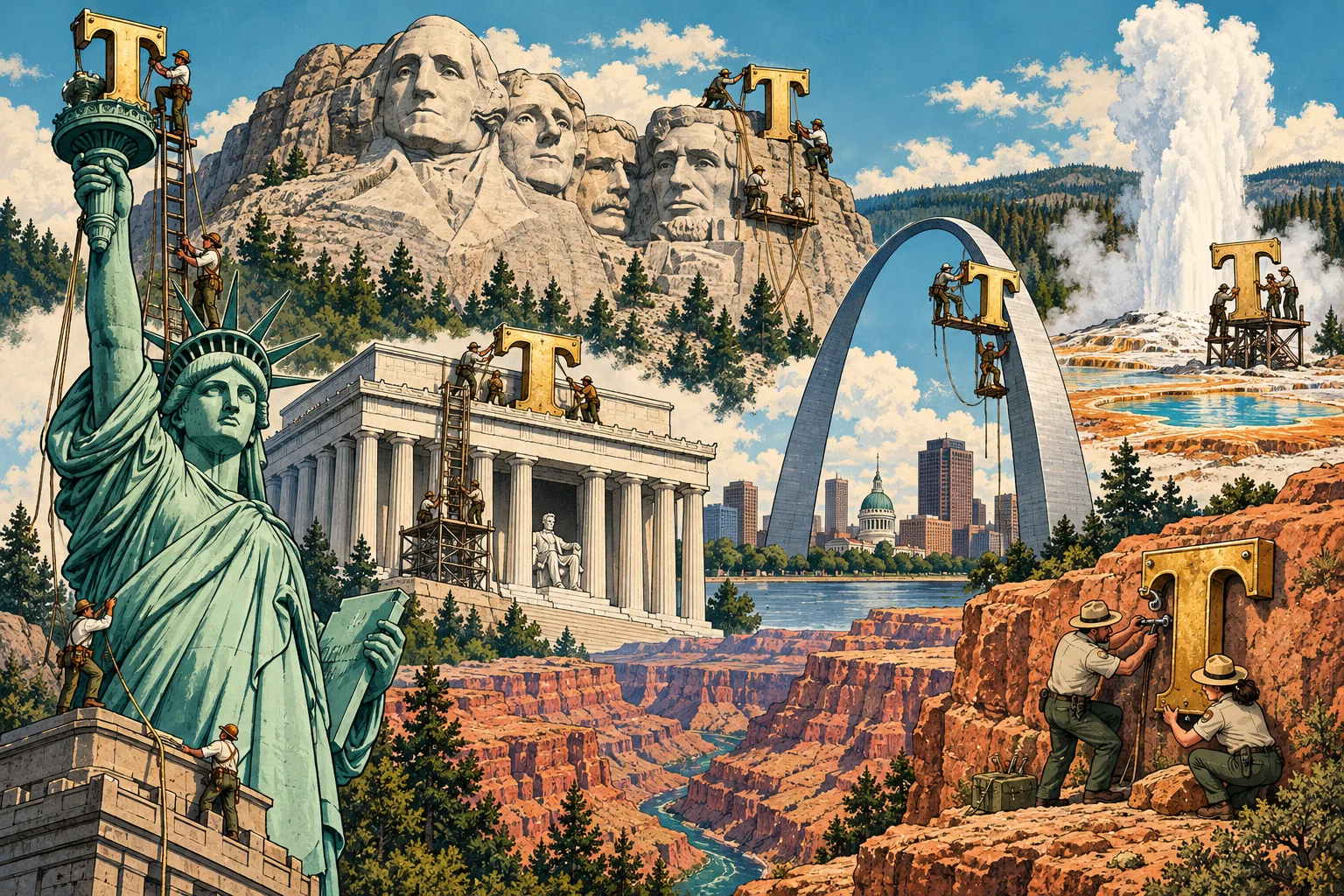 American landmarks illustrated as a travel poster while a tiny branding crew installs gold initials.
