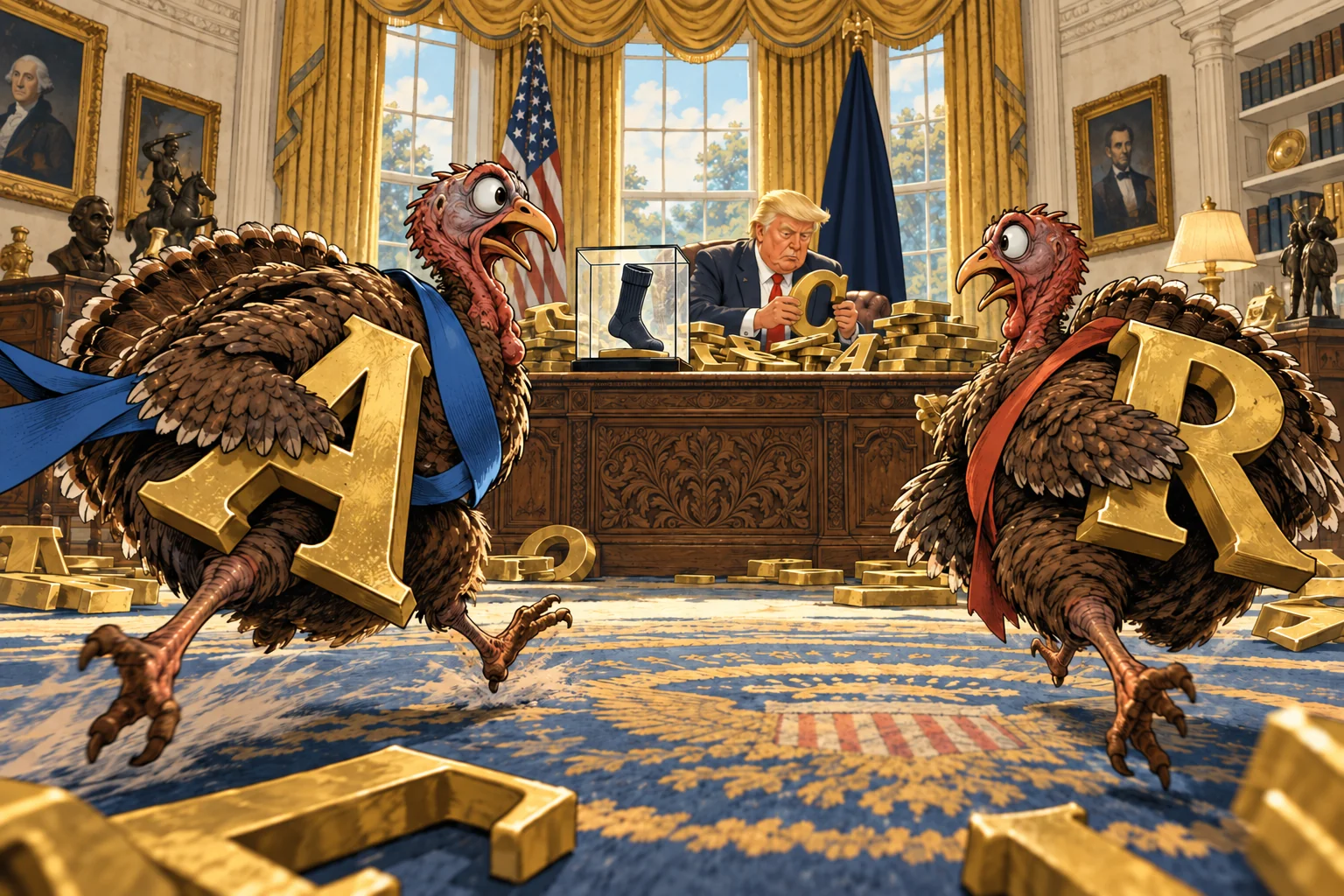 Two turkeys race through an extravagant Oval Office with golden letters while Trump waits behind the desk.