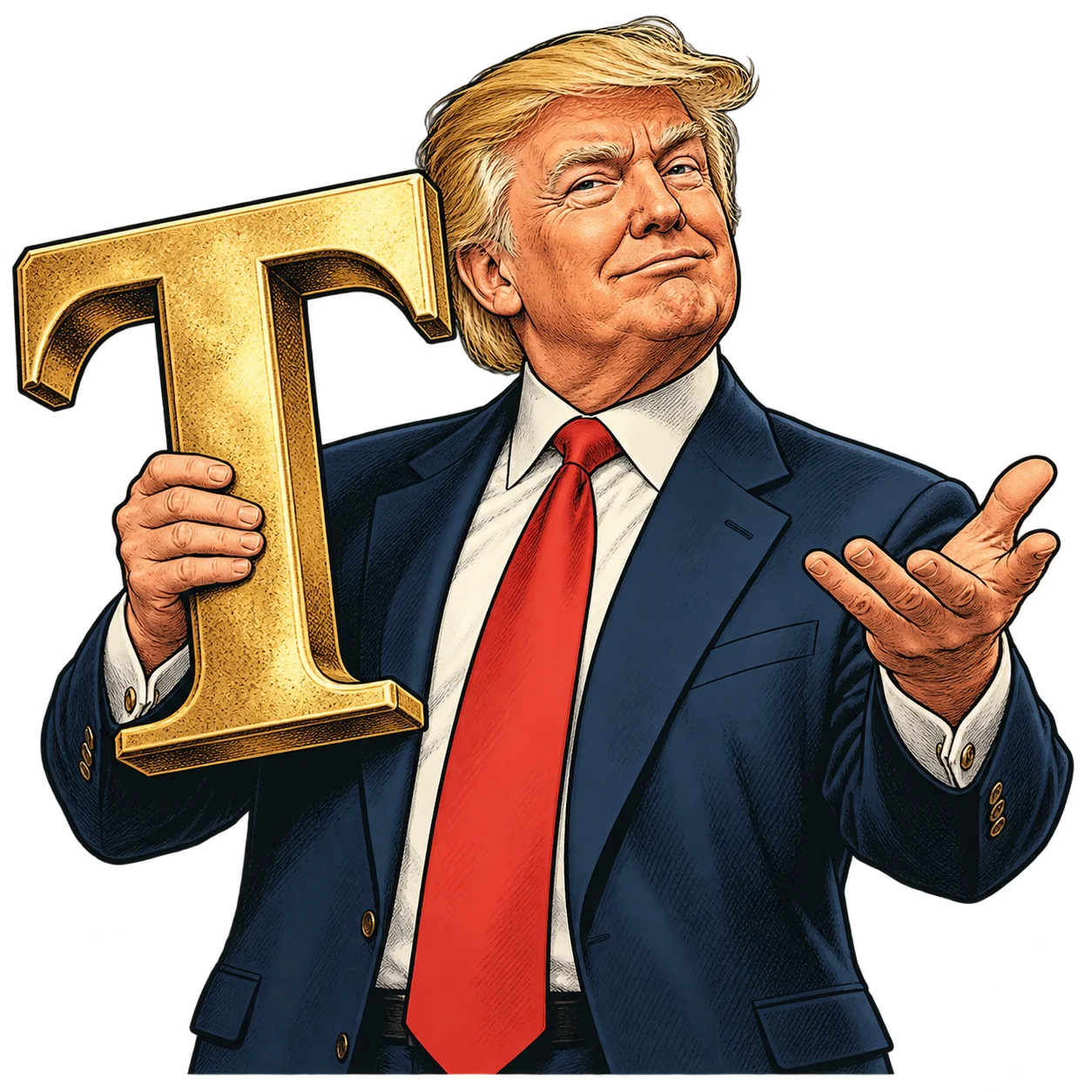 An original caricature of Donald Trump in a gilded frame.